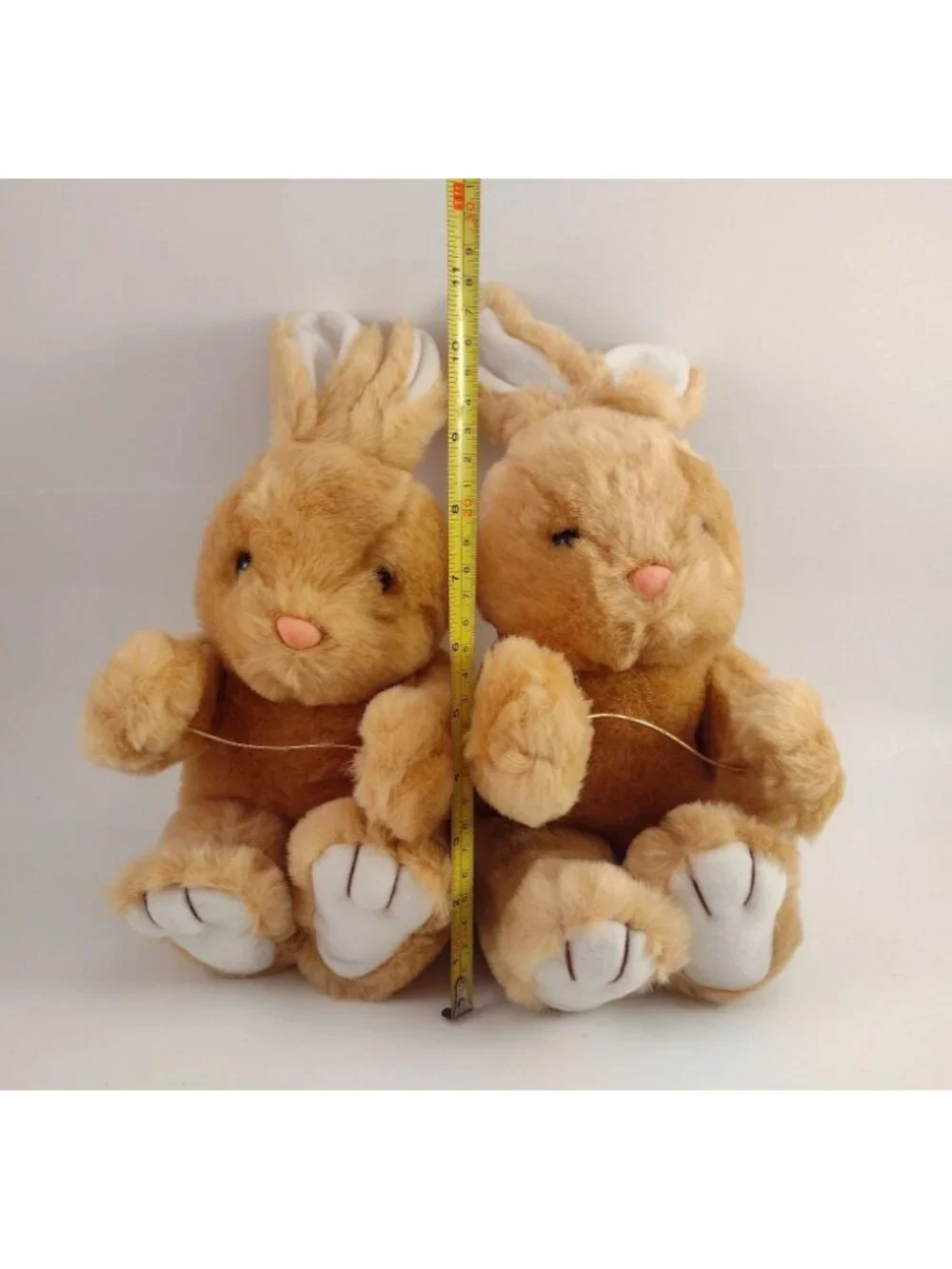 Pair Of Tan Plush Bunny Rabbit Stuffed Animals White Tails & Ears 11